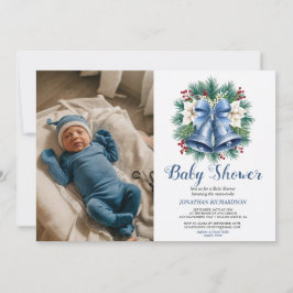 Blue Winter Christmas Bells baby shower Kaart
