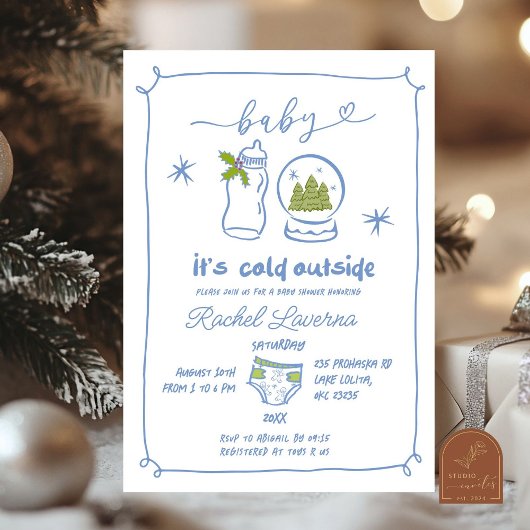 Blue Winter Christmas Hand Drawn Baby shower Kaart