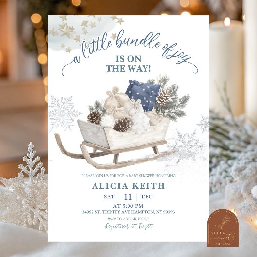 Blue Winter Christmas Sleigh Baby Shower Kaart
