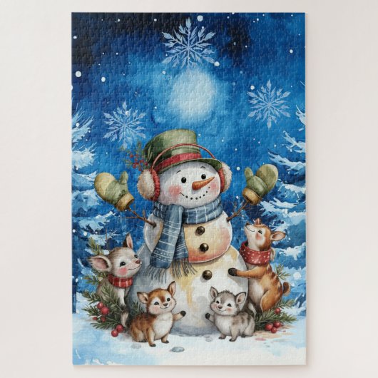 Blue Winter Christmas Snowman & Woodland Animals Legpuzzel (Verticaal)