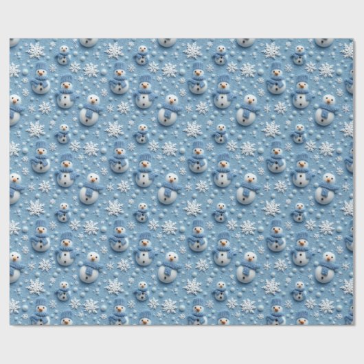 Blue Winter Christmas Sowman & Snowflakes Cadeaupapier (Vlak)