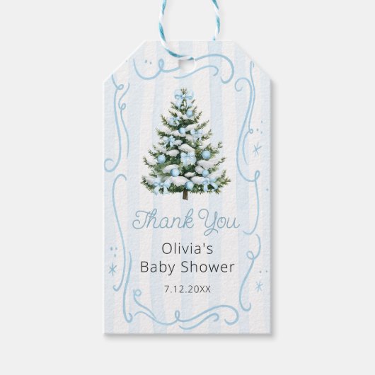 Blue Winter Christmas Tree Baby Shower Cadeaulabel (Voorkant)