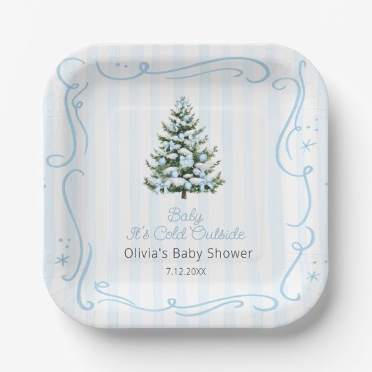 Blue Winter Christmas Tree Baby Shower Papieren Bordje (Voorkant)