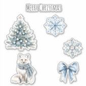 Blue Winter Christmas Tree Fox Snowflakes Bow Sticker (Voorkant)
