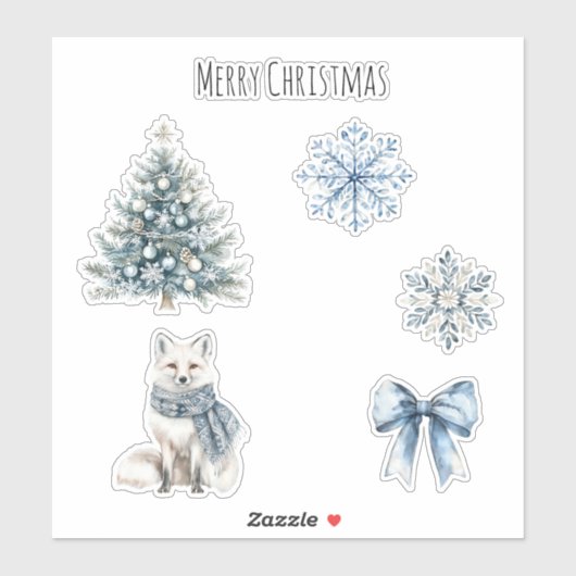 Blue Winter Christmas Tree Fox Snowflakes Bow Sticker (Vel)