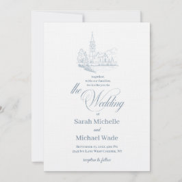 Blue Winter Church Calligraphy Wedding Invitation Kaart