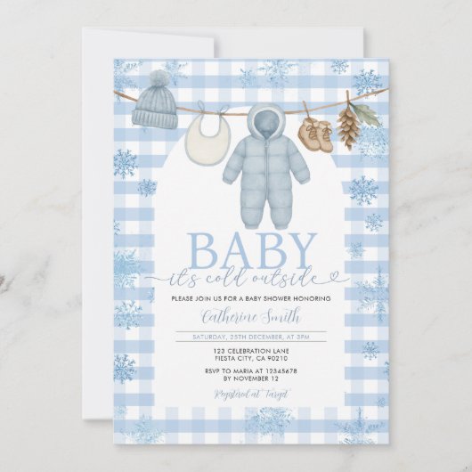 Blue Winter Clothesline Baby shower Kleding Sneeuw Kaart (Voorkant)