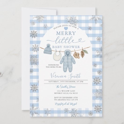 Blue Winter Clothesline Merry Little Baby shower Kaart (Voorkant)