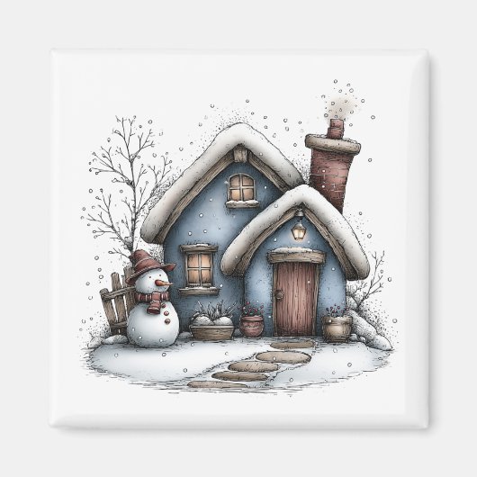 Blue Winter Cottage Christmas Magnet (Voorkant)