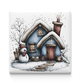 Blue Winter Cottage Christmas Magnet
