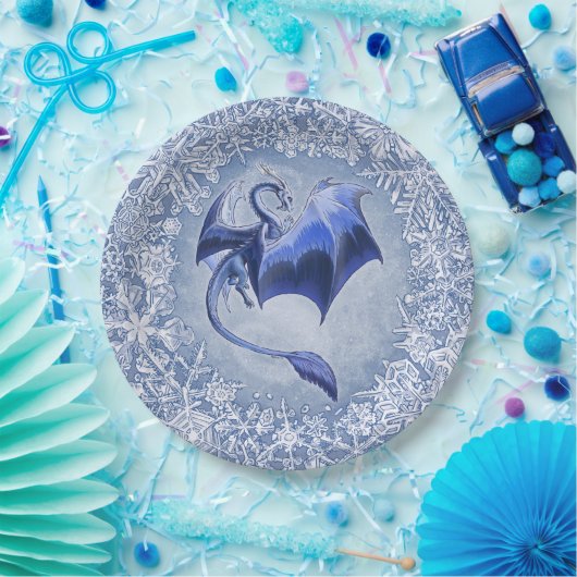 Blue Winter Dragon Fantasy Natuur Art Papieren Bordje (Feest)
