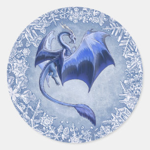 Blue Winter Dragon Fantasy Natuur Art Ronde Sticker