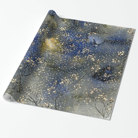 Blue Winter Dusk Sky Gold Berries & Snowfall Cadeaupapier (Uitgerold)