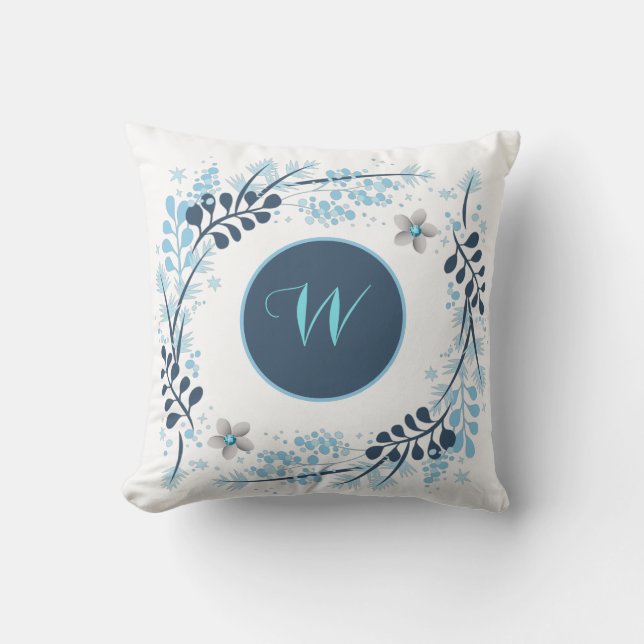 Blue Winter Floral Monogram Kussen (Voorkant)