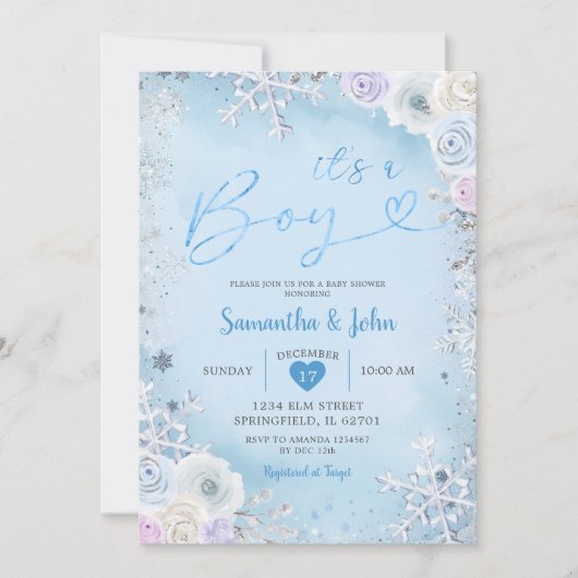 Blue Winter Floral Snowflake Boy Baby shower Kaart (Voorkant)