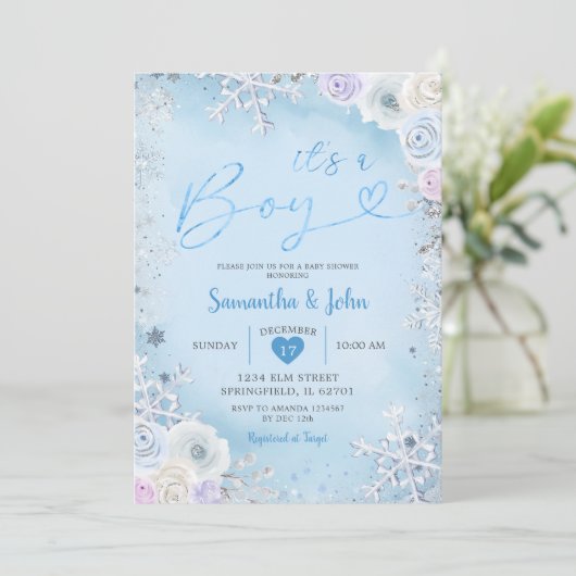 Blue Winter Floral Snowflake Boy Baby shower Kaart (Staand voorkant)