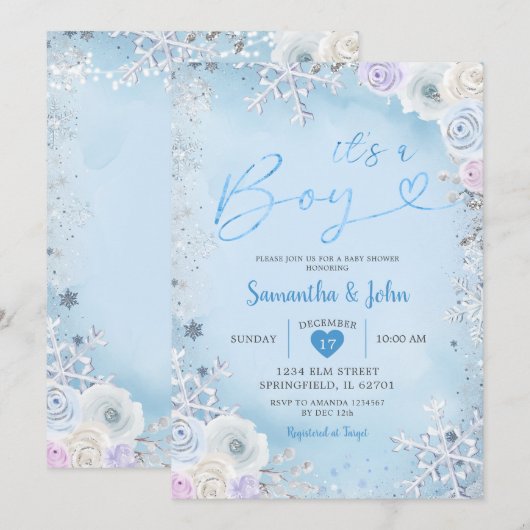 Blue Winter Floral Snowflake Boy Baby shower Kaart (Voorkant / Achterkant)