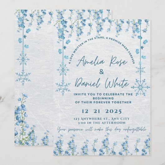 Blue Winter Floral Wedding Invitation Kaart (Voorkant / Achterkant)