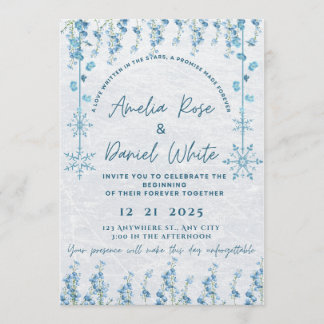 Blue Winter Floral Wedding Invitation  Kaart