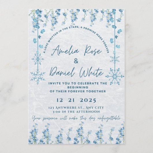 Blue Winter Floral Wedding Invitation  Kaart (Voorkant)