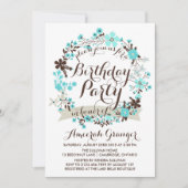 Blue Winter Floral Wreath Birthday Invitation Kaart (Voorkant)