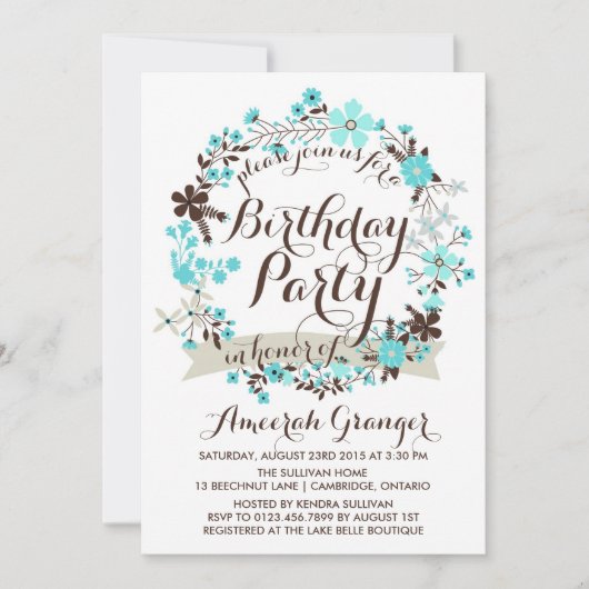 Blue Winter Floral Wreath Birthday Invitation Kaart (Voorkant)