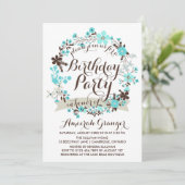 Blue Winter Floral Wreath Birthday Invitation Kaart (Staand voorkant)