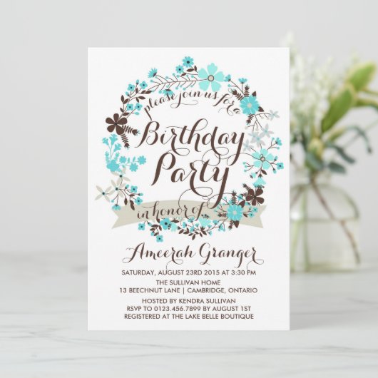 Blue Winter Floral Wreath Birthday Invitation Kaart (Staand voorkant)