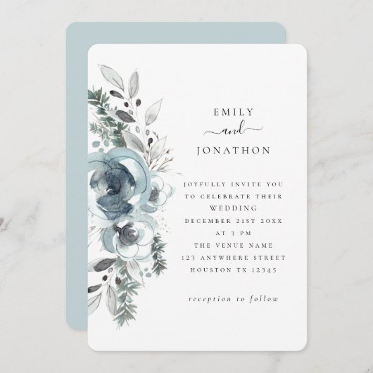 Blue Winter Florals Wedding Kaart (Voorkant / Achterkant)