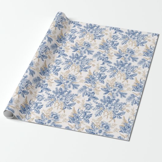 Blue Winter  Flower Pattern Cadeaupapier (Uitgerold)