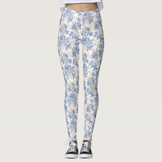 Blue Winter  Flower Pattern Leggings (Voorkant)