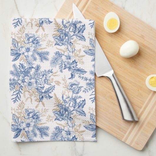 Blue Winter Flower Pattern Theedoek (Quarter Fold)