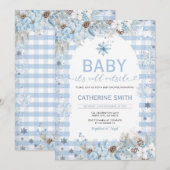 Blue Winter Flowers  Baby Shower Snowflakes Kaart (Voorkant / Achterkant)