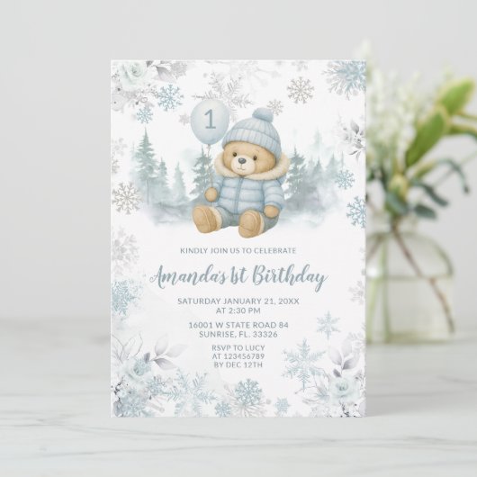 Blue Winter Forest Bear Balloon First Birthday Kaart (Staand voorkant)