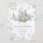 Blue Winter Forest Bear Balloon First Birthday Kaart (Voorkant / Achterkant)