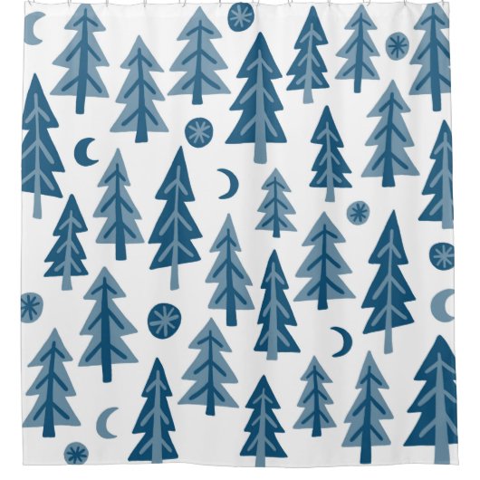 Blue Winter Forest Moon Stars Douchegordijn (Voorkant)