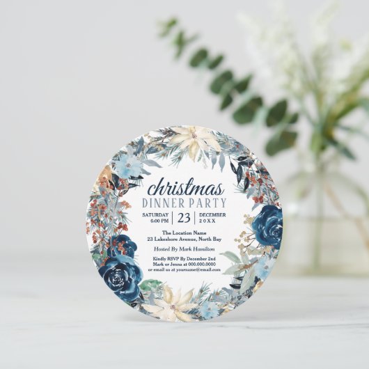 Blue Winter Frost Holiday Wreatparty Invitation Kaart (Staand voorkant)