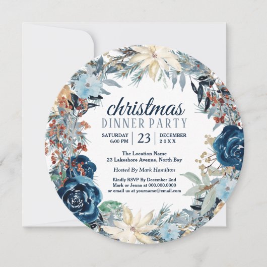 Blue Winter Frost Holiday Wreatparty Invitation Kaart (Voorkant)
