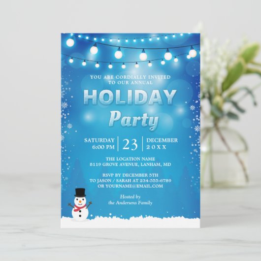 Blue Winter Holiday Party String Lights Snowflakes Kaart (Staand voorkant)