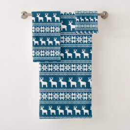Blue Winter Holiday Snowflake Reindeer Patroon Bad Handdoek