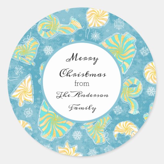 Blue Winter Kerstmonogram Ronde Sticker (Voorkant)
