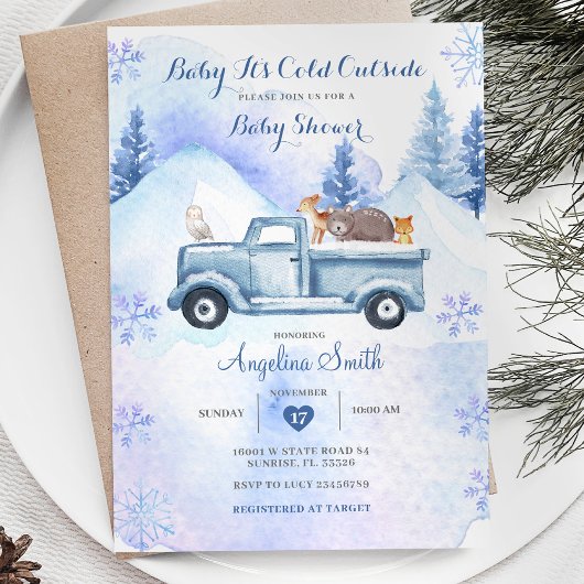Blue Winter Mountain Woodland Baby shower Kaart