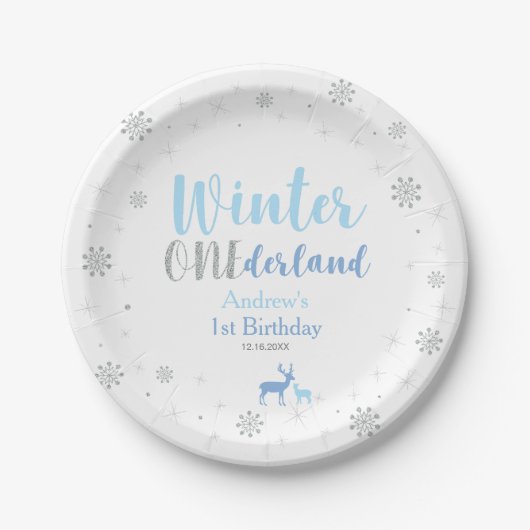 Blue Winter Onederland Boy 1st Birthday Party Papieren Bordje (Voorkant)