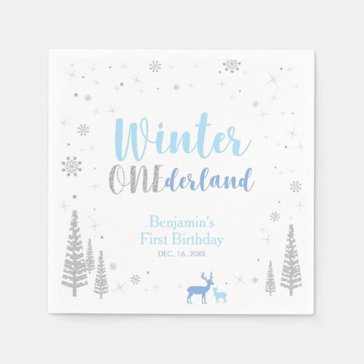 Blue Winter Onederland Boy 1st Birthday Party Servet (Voorkant)