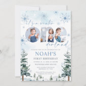 Blue Winter Onederland Boy Bday Photo Invitation Kaart (Voorkant)