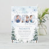 Blue Winter Onederland Boy Bday Photo Invitation Kaart (Staand voorkant)