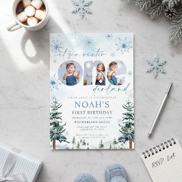 Blue Winter Onederland Boy Bday Photo Invitation Kaart