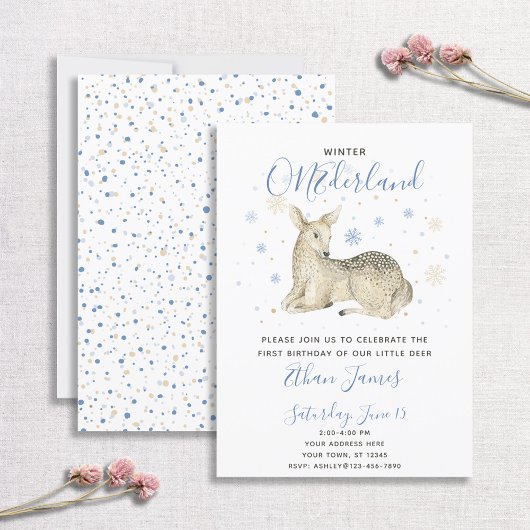Blue Winter ONEderland Deer Baby's 1ste verjaardag Kaart