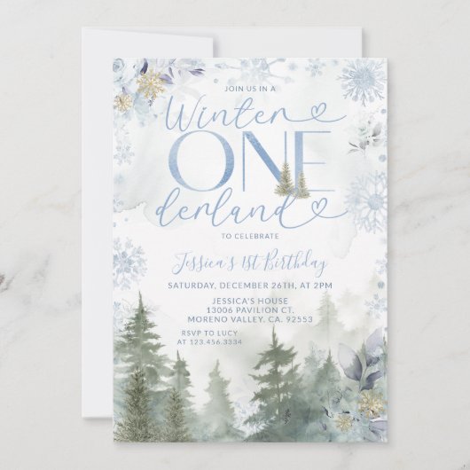 Blue Winter Onederland Forest Snowfall Birthday Kaart (Voorkant)