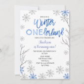 BLUE Winter ONEderland Snow Birthday Invite Kaart (Voorkant)